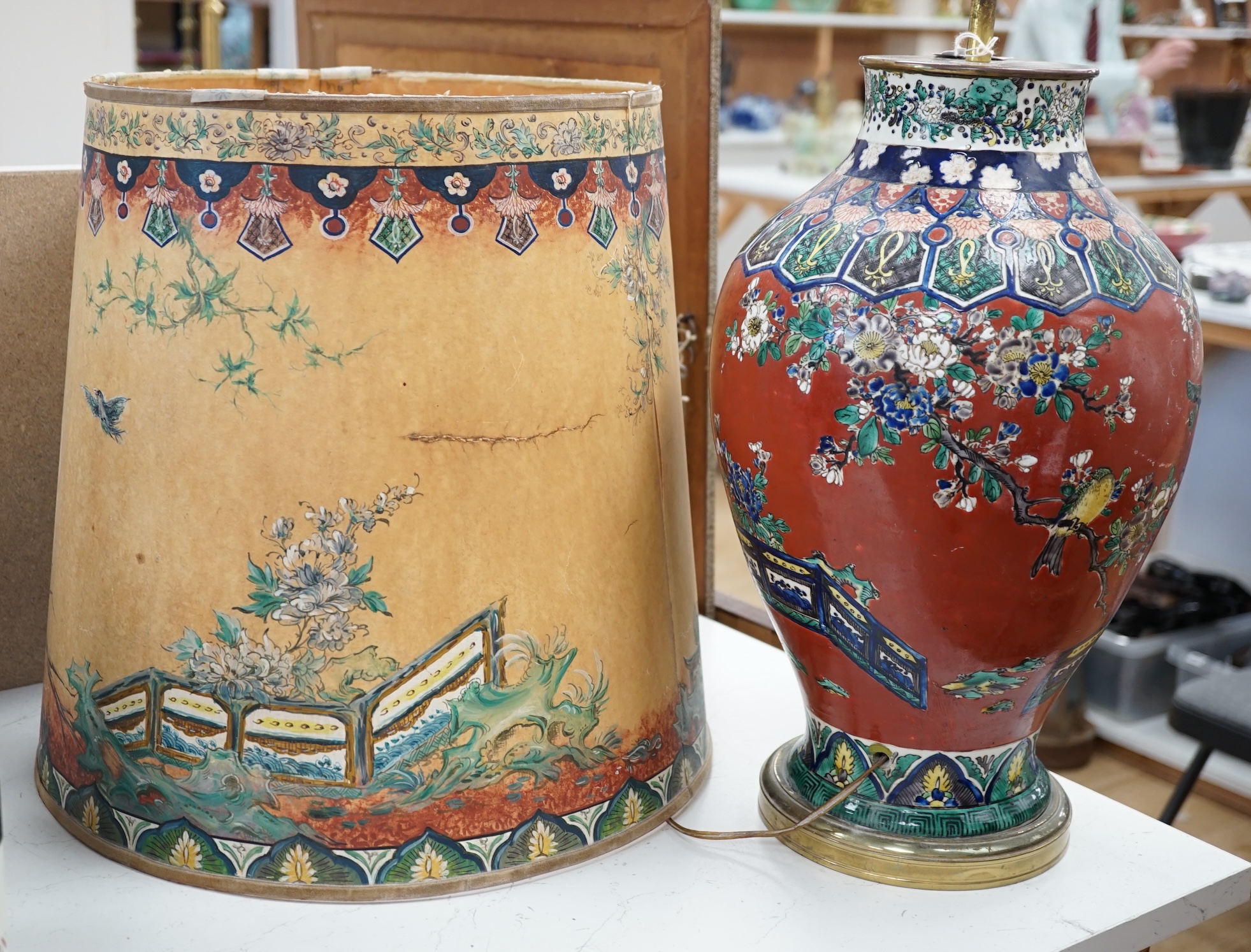 A Japanese Kutani vase, converted to a lamp with hand painted paper shade, lamp 43cm high not including fitting. Condition - poor